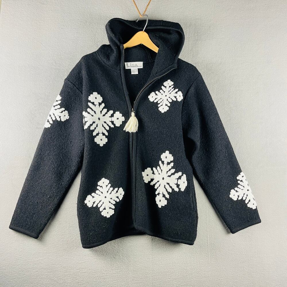 Lisa International Women’s Large 100% Boiled Wool Black Full Zip Hooded Jacket